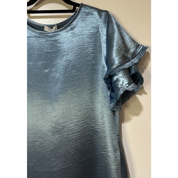S'EDGE Easton Dress Metallic Blue Sateen Size Small NWT Tiered Short Sleeves - Picture 6 of 15